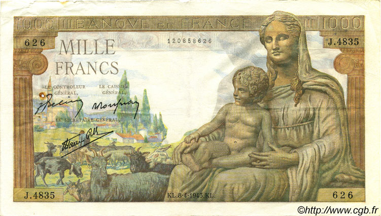 1000 Francs DÉESSE DÉMÉTER FRANCE  1943 F.40.21 TTB