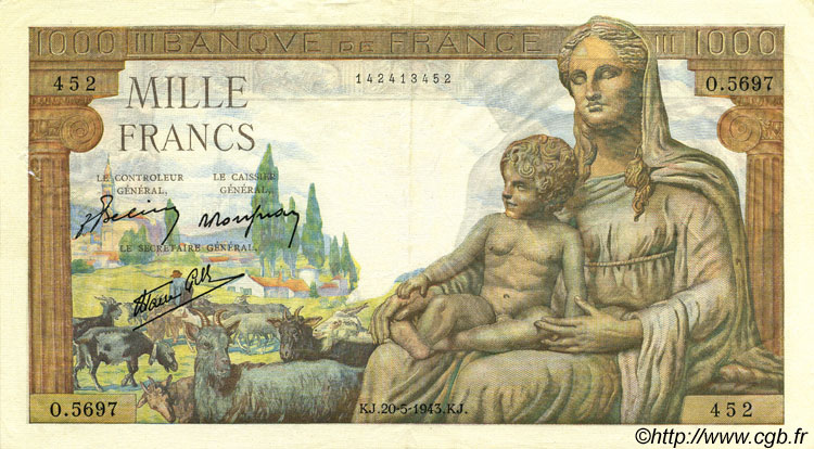 1000 Francs DÉESSE DÉMÉTER FRANCE  1943 F.40.24 TTB+