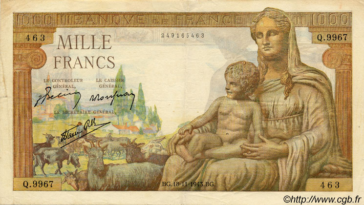1000 Francs DÉESSE DÉMÉTER FRANCE  1943 F.40.40 TTB