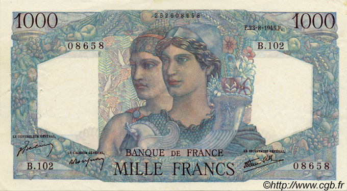 1000 Francs MINERVE ET HERCULE FRANCE  1945 F.41 TTB