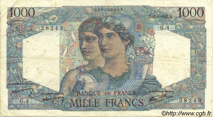 1000 Francs MINERVE ET HERCULE FRANCE  1945 F.41.01 TB+