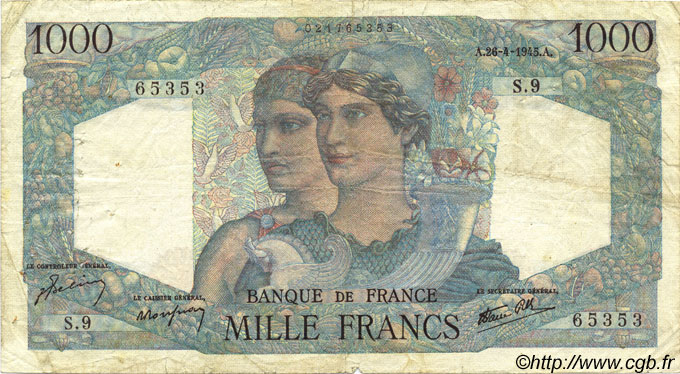 1000 Francs MINERVE ET HERCULE FRANCE  1945 F.41.01 TB