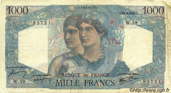 1000 Francs MINERVE ET HERCULE FRANCE  1945 F.41.05 TB+