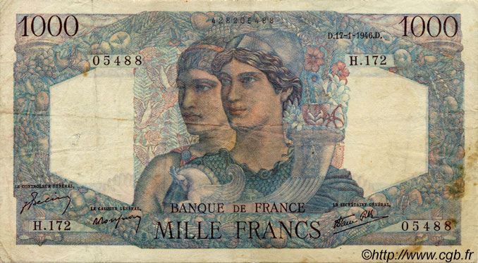 1000 Francs MINERVE ET HERCULE FRANCE  1946 F.41.10 TB+