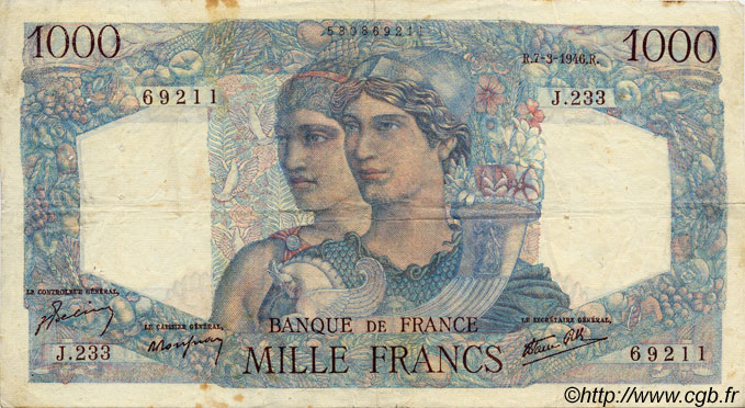 1000 Francs MINERVE ET HERCULE FRANCE  1946 F.41.12 pr.TTB