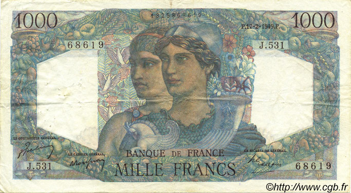 1000 Francs MINERVE ET HERCULE FRANCE  1949 F.41.25 TTB