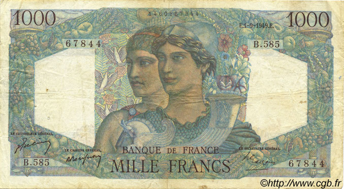 1000 Francs MINERVE ET HERCULE FRANCE  1949 F.41.28 TB