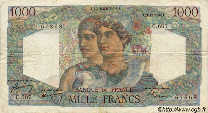 1000 Francs MINERVE ET HERCULE FRANCE  1949 F.41.29 TB à TTB