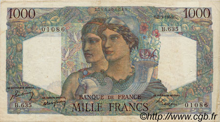 1000 Francs MINERVE ET HERCULE FRANCE  1950 F.41.31 pr.TTB