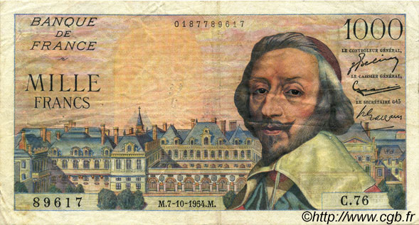 1000 Francs RICHELIEU FRANCE  1954 F.42.08 TB