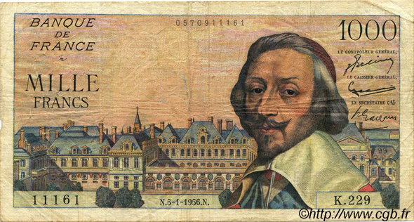 1000 Francs RICHELIEU FRANCE  1956 F.42.18 pr.TB