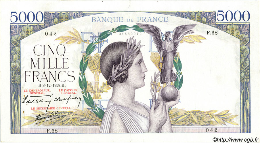 5000 Francs VICTOIRE Impression à plat FRANCE  1938 F.46.01 TTB