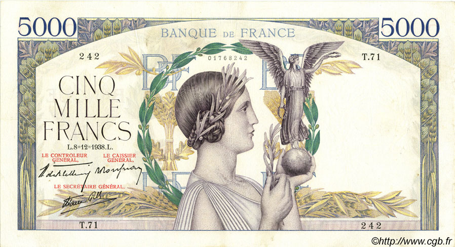 5000 Francs VICTOIRE Impression à plat FRANCE  1938 F.46.01 TTB