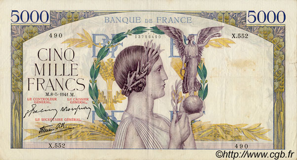 5000 Francs VICTOIRE Impression à plat FRANCE  1941 F.46.21 TTB