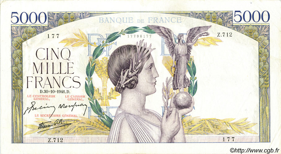 5000 Francs VICTOIRE Impression à plat FRANCE  1941 F.46.28 TTB+