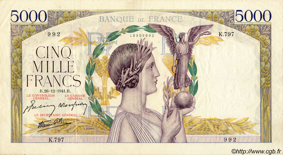 5000 Francs VICTOIRE Impression à plat FRANCE  1941 F.46.31 TTB
