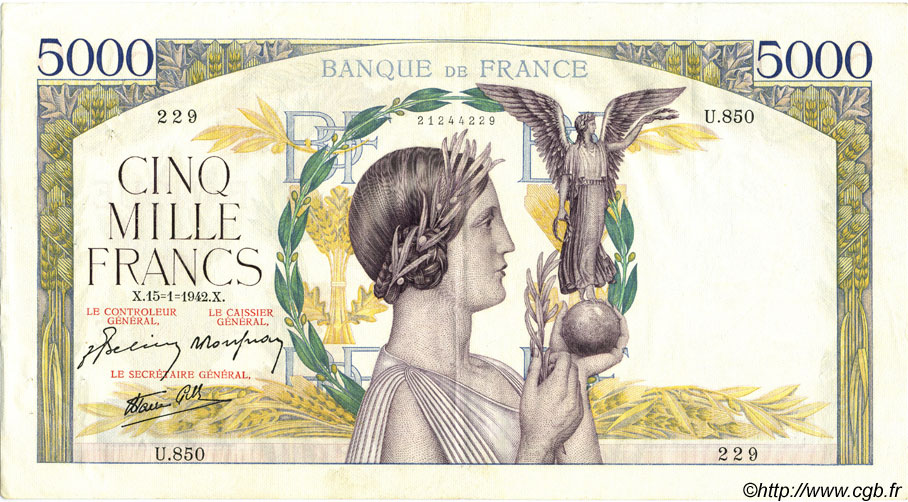 5000 Francs VICTOIRE Impression à plat FRANCE  1942 F.46.33 TTB+