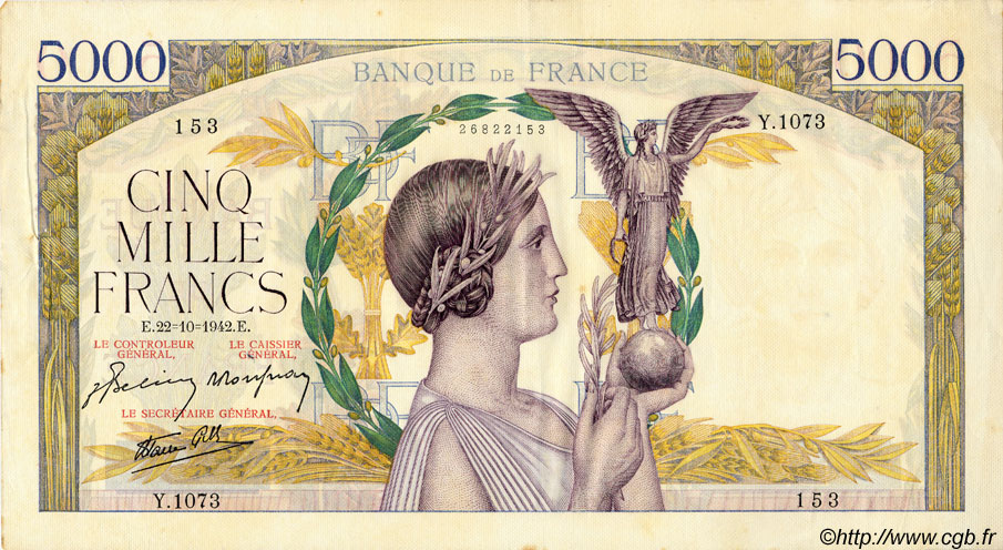 5000 Francs VICTOIRE Impression à plat FRANCE  1942 F.46.43 pr.SUP