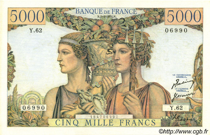 5000 Francs TERRE ET MER FRANCE  1951 F.48.04 pr.SUP