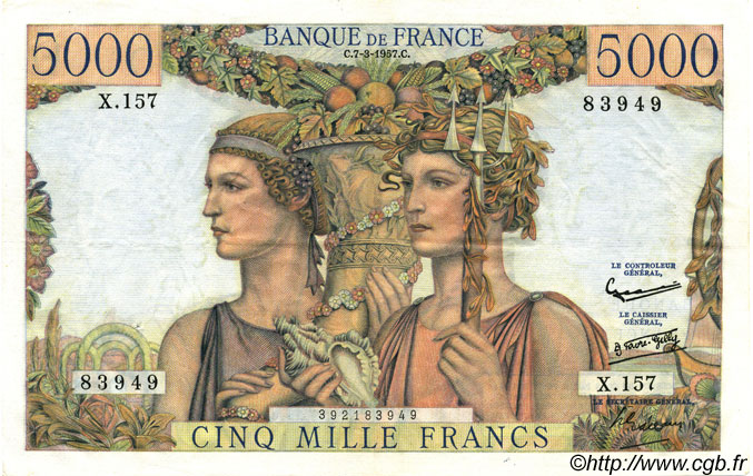 5000 Francs TERRE ET MER FRANCE  1957 F.48.13 SUP