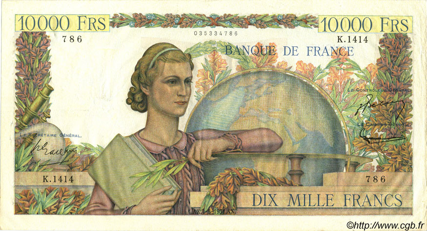 10000 Francs GÉNIE FRANÇAIS FRANCE  1951 F.50.50 TTB+