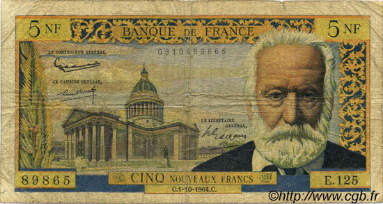 5 Nouveaux Francs VICTOR HUGO FRANCE  1964 F.56.16 B