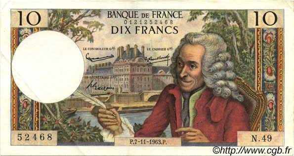 10 Francs VOLTAIRE FRANCE  1963 F.62.05 TTB+
