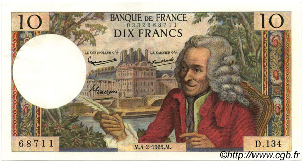 10 Francs VOLTAIRE FRANCE  1965 F.62.13 SUP+