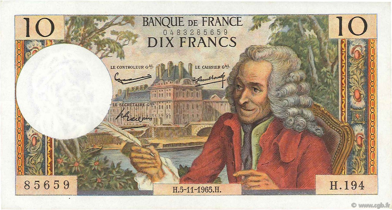 10 Francs VOLTAIRE FRANKREICH 1965 F.62.17 VZ