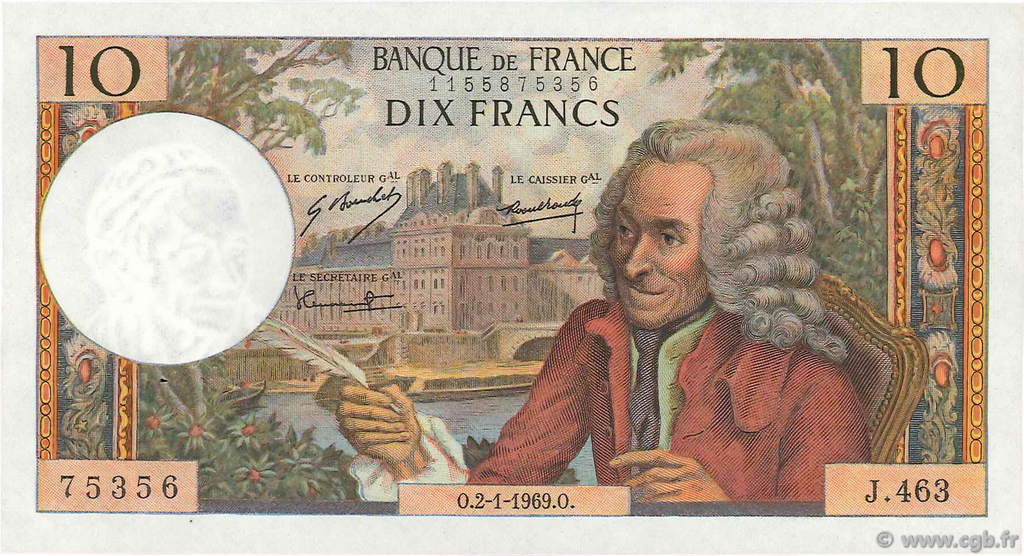 10 Francs VOLTAIRE FRANCE  1969 F.62.36 pr.SPL
