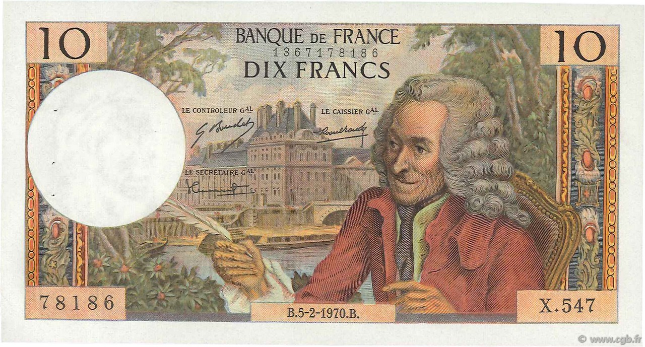 10 Francs VOLTAIRE FRANCE  1970 F.62.42 SUP+ à SPL