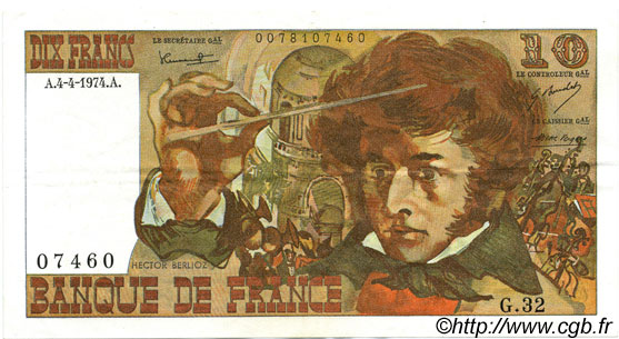10 Francs BERLIOZ FRANCE  1974 F.63.04 pr.SUP