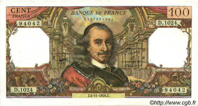 100 Francs CORNEILLE FRANCE  1976 F.65.55 pr.SUP