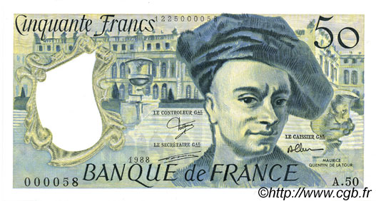50 Francs QUENTIN DE LA TOUR Petit numéro FRANCE  1988 F.67.14A50 NEUF