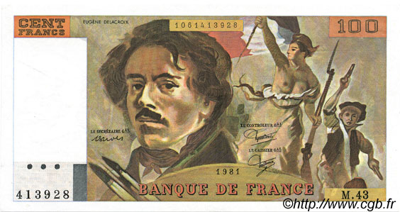 100 Francs DELACROIX modifié FRANCE  1981 F.69.05 pr.SPL