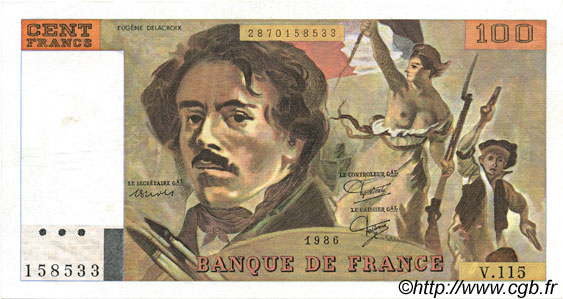 100 Francs DELACROIX modifié FRANCE  1986 F.69.10 SPL+