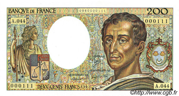 200 Francs MONTESQUIEU Petit numéro FRANCE  1987 F.70.07 NEUF