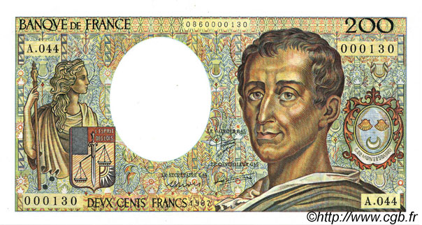 200 Francs MONTESQUIEU Petit numéro FRANCE  1987 F.70.07 NEUF