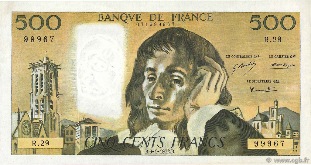 500 Francs PASCAL FRANCE  1972 F.71.08 SUP