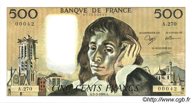 500 Francs PASCAL Petit numéro FRANCE  1988 F.71.38 NEUF