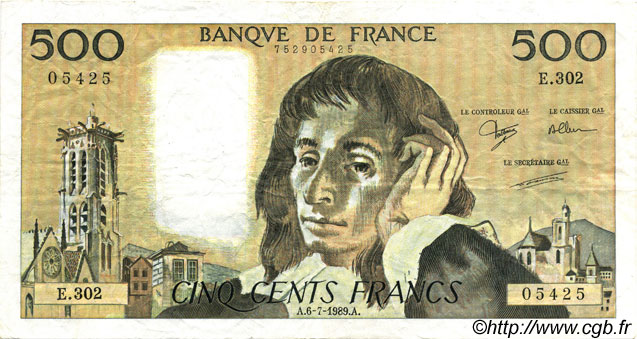 500 Francs PASCAL FRANCE  1989 F.71.42 TTB+