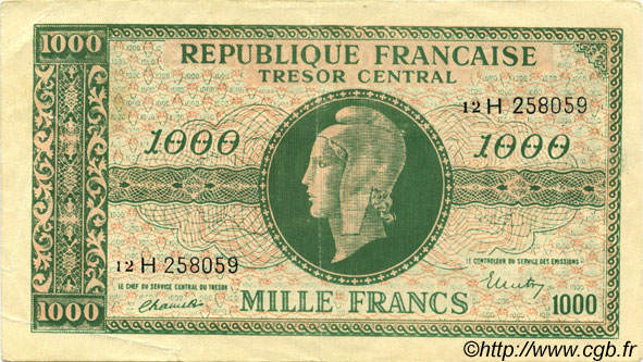 1000 Francs MARIANNE THOMAS DE LA RUE Faux FRANCE  1945 VF.13.03x TTB+