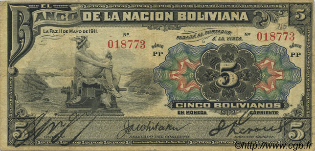 5 Bolivianos BOLIVIE  1911 P.105a TB+