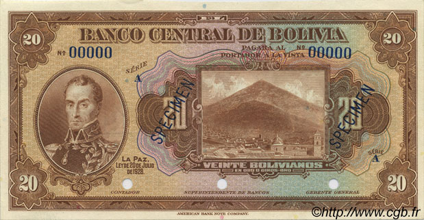 20 Bolivianos Spécimen BOLIVIE  1928 P.122s NEUF