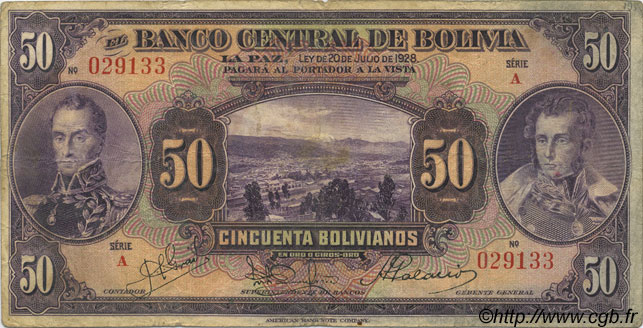 50 Bolivianos BOLIVIE  1928 P.123a B+