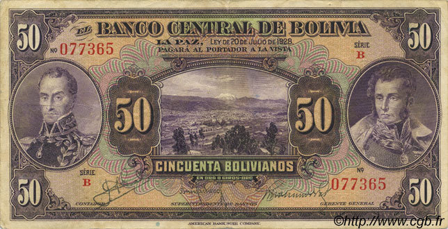 50 Bolivianos BOLIVIE  1928 P.123a TTB