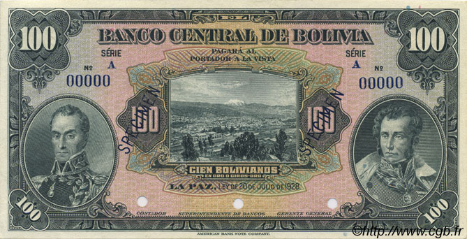 100 Bolivianos Spécimen BOLIVIE  1928 P.125s NEUF