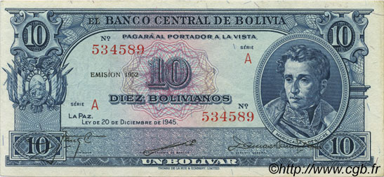 10 Bolivianos BOLIVIE  1945 P.139b SUP+