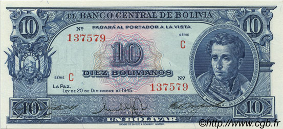 10 Bolivianos BOLIVIA  1945 P.139c UNC
