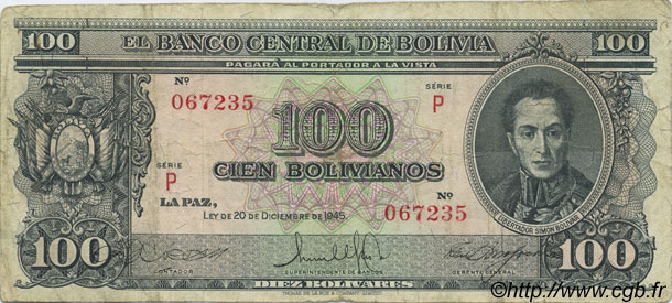 100 Bolivianos BOLIVIE  1945 P.142 pr.TB